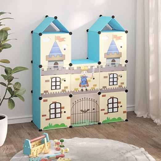 Kids Castle Style Storage Wardrobe, Blue, Modular Cube Organiser for Children's Bedroom