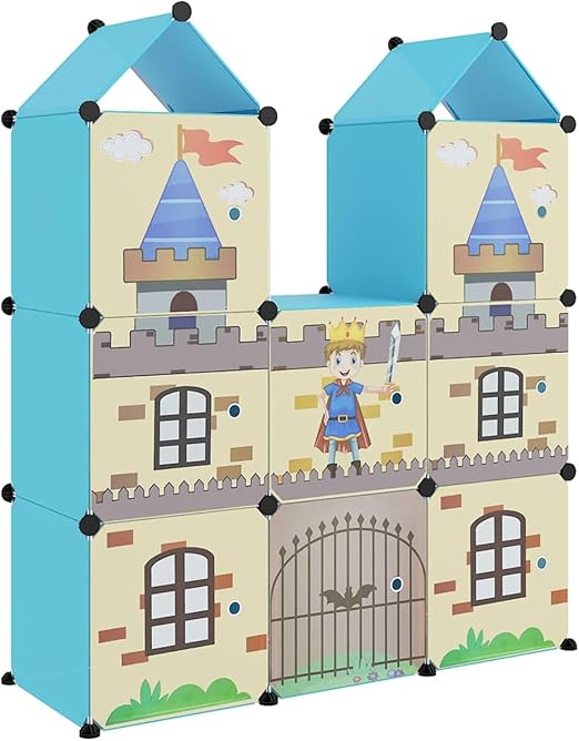 Kids Castle Style Storage Wardrobe, Blue, Modular Cube Organiser for Children's Bedroom